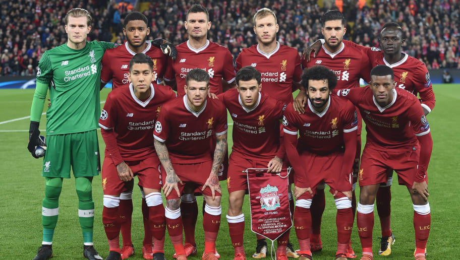 (L-R top row) Liverpool's German goalkeeper Loris Karius, Liverpool's English defender Joe Gomez, Liverpool's Croatian defender Dejan Lovren, Liverpool's Estonian defender Ragnar Klavan, Liverpool's German midfielder Emre Can, Liverpool's Senegalese midfielder Sadio Mane, (L-R bottom row) Liverpool's Brazilian midfielder Roberto Firmino, Liverpool's Spanish defender Alberto Moreno, Liverpool's Brazilian midfielder Philippe Coutinho, Liverpool's Egyptian midfielder Mohamed Salah and Liverpool's Dutch midfielder Georginio Wijnaldum pose for the team photograph ahead of kick off of the UEFA Champions League Group E football match between Liverpool and Spartak Moscow at Anfield in Liverpool, north-west England on December 6, 2017. / AFP PHOTO / PAUL ELLIS        (Photo credit should read PAUL ELLIS/AFP/Getty Images)