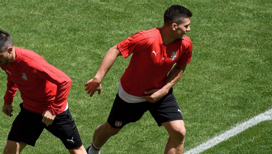 Serbia's defender Antonio Rukavina (L) and Serbia's forward Luka Jovic take part in a training session at the Samara Arena in Samara on June 16, 2018 on the eve of the Russia 2018 World Cup Group E football match between Costa Rica and Serbia. (Photo by Fabrice COFFRINI / AFP)        (Photo credit should read FABRICE COFFRINI/AFP/Getty Images)