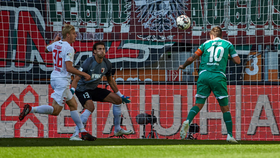 AUGSBURG, GERMANY - SEPTEMBER 22: Max Kruse of Werder Bremen scores the team`s first goal during the Bundesliga match between FC Augsburg and SV Werder Bremen at WWK-Arena on September 22, 2018 in Augsburg, Germany. (Photo by TF-Images/Getty Images)