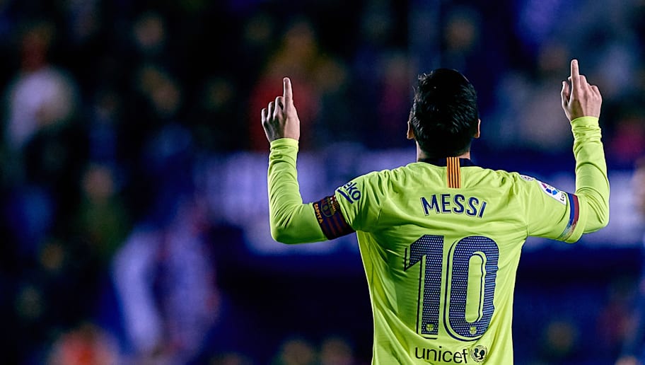 MB Media/GettyImages VALENCIA, SPAIN - DECEMBER 16: Lionel Messi of FC Barcelona celebrates his side's third goal during the La Liga match between Levante UD and FC Barcelona at Ciutat de Valencia on December 16, 2018 in Valencia, Spain. (Photo by David Aliaga/MB Media/Getty Images)