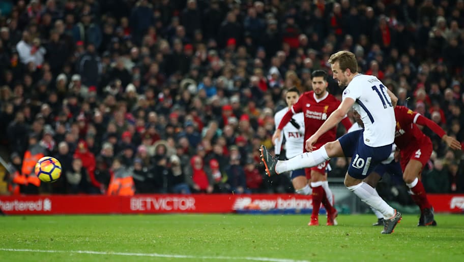 LIVERPOOL, ENGLAND - FEBRUARY 04:  Harry Kane of Tottenham Hotspur takes a penalty which is later saved during the Premier League match between Liverpool and Tottenham Hotspur at Anfield on February 4, 2018 in Liverpool, England.  (Photo by Clive Brunskill/Getty Images)