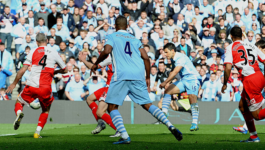 Manchester City's Argentinian striker Sergio Aguero (3rd R) scores their late winning goal during the English Premier League football match between Manchester City and Queens Park Rangers at The Etihad stadium in Manchester, north-west England on May 13, 2012. Manchester City won the game 3-2 to secure their first title since 1968. This is the first time that the Premier league title has been decided on goal-difference, Manchester City and Manchester United both finishing on 89 points. AFP PHOTO/PAUL ELLIS AFP PHOTO/PAUL ELLIS

RESTRICTED TO EDITORIAL USE. No use with unauthorized audio, video, data, fixture lists, club/league logos or 'live' services. Online in-match use limited to 45 images, no video emulation. No use in betting, games or single club/league/player publications.        (Photo credit should read PAUL ELLIS/AFP/GettyImages)