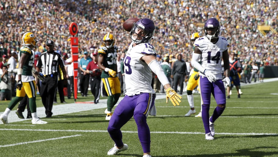 GREEN BAY, WI - SEPTEMBER 16: Adam Thielen #19 of the Minnesota Vikings celebrates after catching a touchdown pass that tied the game against the Green Bay Packers at Lambeau Field on September 16, 2018 in Green Bay, Wisconsin. The game ended in a 29-29 tie. (Photo by Joe Robbins/Getty Images)