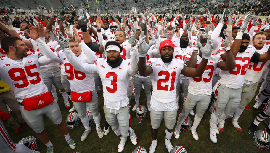 EAST LANSING, MI - NOVEMBER 10: The Ohio State Buckeyes celebrate a 26-6 win over the Michigan State Spartans at Spartan Stadium on November 10, 2018 in East Lansing, Michigan. (Photo by Gregory Shamus/Getty Images)