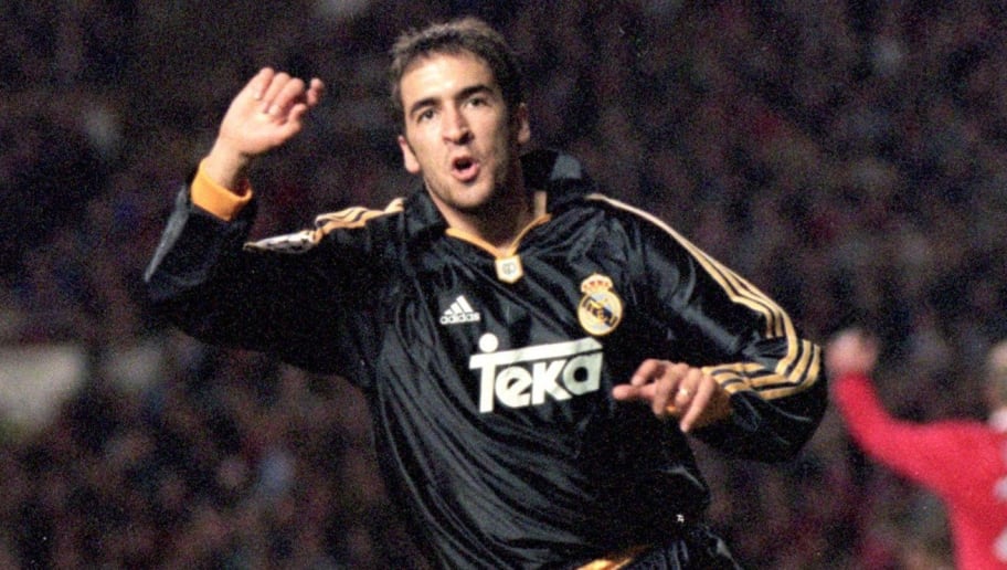Michael Steele/GettyImages 19 Apr 2000: Raul of Real Madrid celebrates his goal during the UEFA Champions League quarter-final second leg against Manchester United at Old Trafford in Manchester, England. Real Madrid won the match 3-2. Mandatory Credit: Michael Steele /Allsport