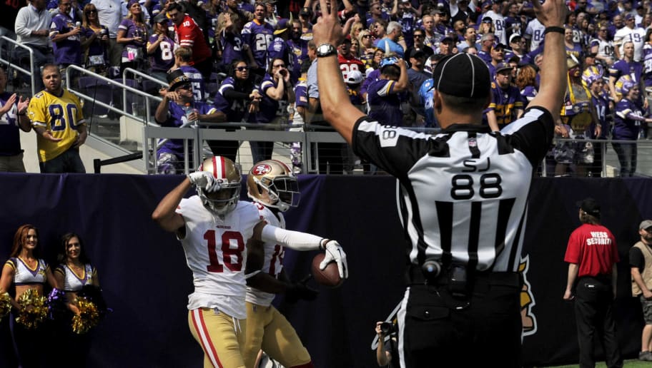 MINNEAPOLIS, MN - SEPTEMBER 09: Dante Pettis #18 of the San Francisco 49ers celebrates after catching a touchdown pass in the third quarter of the game against the Minnesota Vikings at U.S. Bank Stadium on September 9, 2018 in Minneapolis, Minnesota. (Photo by Hannah Foslien/Getty Images)