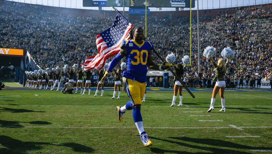 LOS ANGELES, CA - NOVEMBER 11: Running back Todd Gurley #30 of the Los Angeles Rams takes the field at Los Angeles Memorial Coliseum on November 11, 2018 in Los Angeles, California. (Photo by John McCoy/Getty Images)
