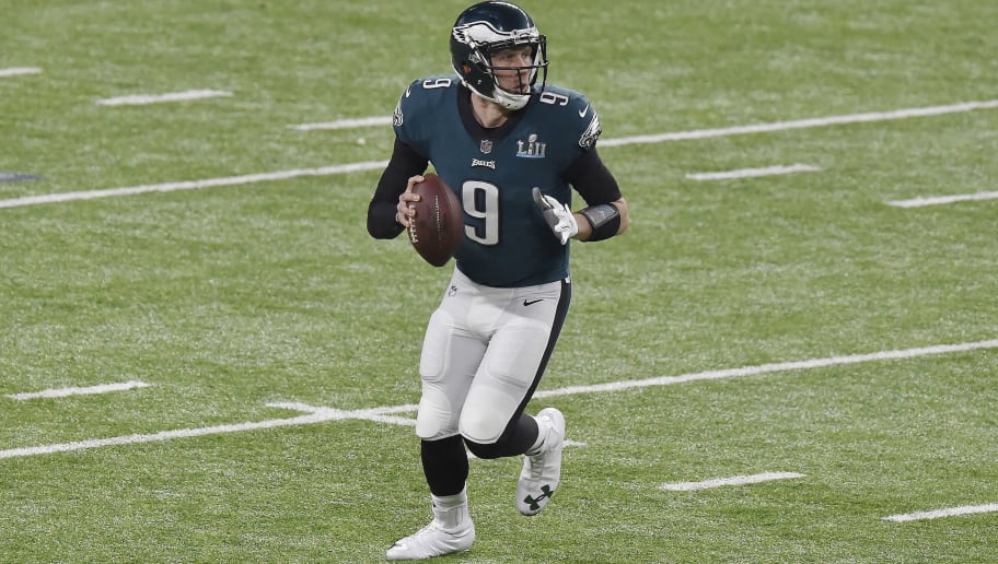 MINNEAPOLIS, MN - FEBRUARY 04:  Nick Foles #9 of the Philadelphia Eagles looks to pass against the New England Patriots during Super Bowl LII at U.S. Bank Stadium on February 4, 2018 in Minneapolis, Minnesota. The Eagles defeated the Patriots 41-33. (Photo by Focus on Sport/Getty Images) *** Local Caption *** Nick Foles