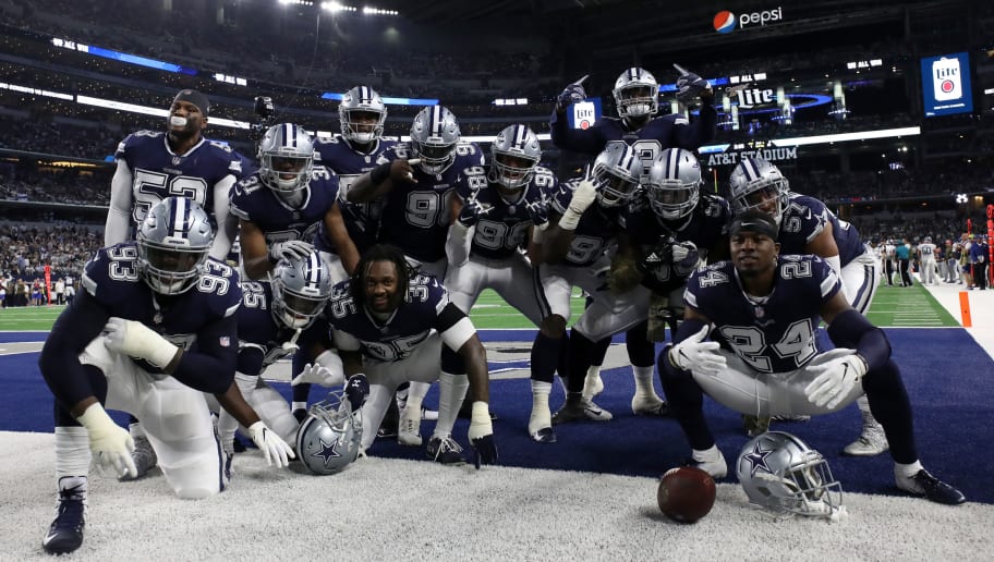 ARLINGTON, TEXAS - NOVEMBER 05:  The Dallas Cowboys defense poses for a photo in the endzone during play against the Tennessee Titans at AT&T Stadium on November 05, 2018 in Arlington, Texas. (Photo by Ronald Martinez/Getty Images)