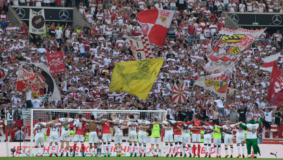 STUTTGART, GERMANY - APRIL 21: The players of VfB Stuttgart celebrate with the fans after the Bundesliga match between VfB Stuttgart and SV Werder Bremen at Mercedes-Benz Arena on April 21, 2018 in Stuttgart, Germany. (Photo by Matthias Hangst/Bongarts/Getty Images)