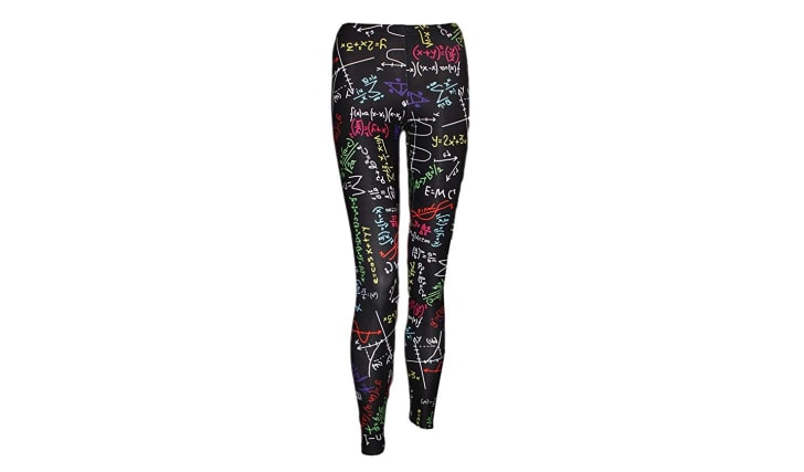 A pair of black leggings with math equations written on them