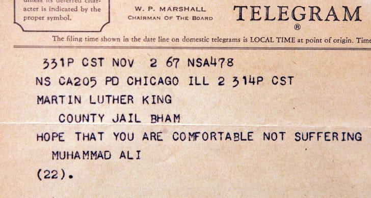A telegram from boxer Muhammad Ali mailed to a jailed Dr. Martin Luther King Jr. in 1967.