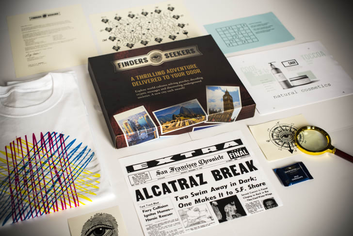 A mystery box with various clues and puzzles inside