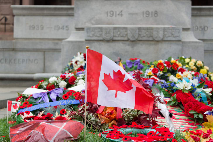 Canadian flag at war memorial.