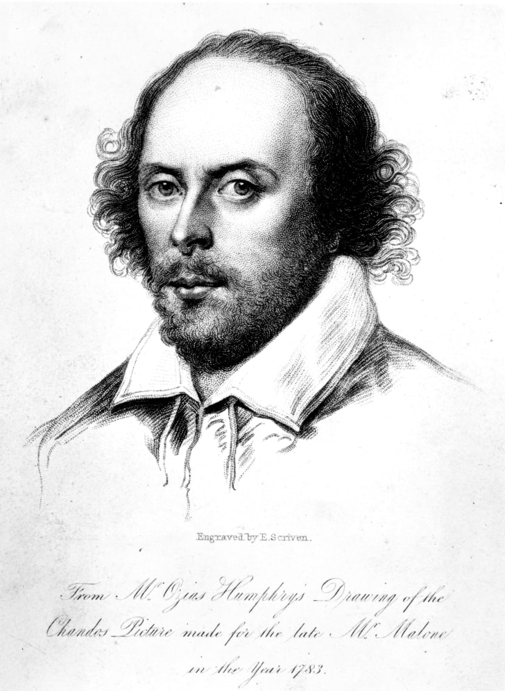 Humphrey'in 1590'larda 'Chandos portresi' olarak bilinen çiziminden sonra, E Scriven'in Shakespeare'in gravürü.