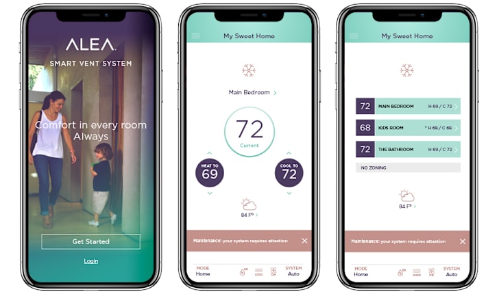 Screenshots of the Alea app showing temperature monitoring and adjustment functions