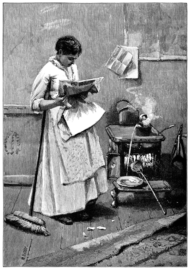 A Victorian woman reading a newspaper in the kitchen