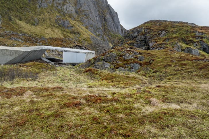 A bathroom nestled in a hilly landscape