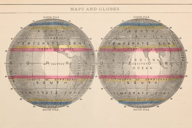 A vintage mapped globe showing the Tropic of Cancer