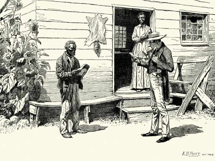 Illustration of a white man reading something to a black slave.