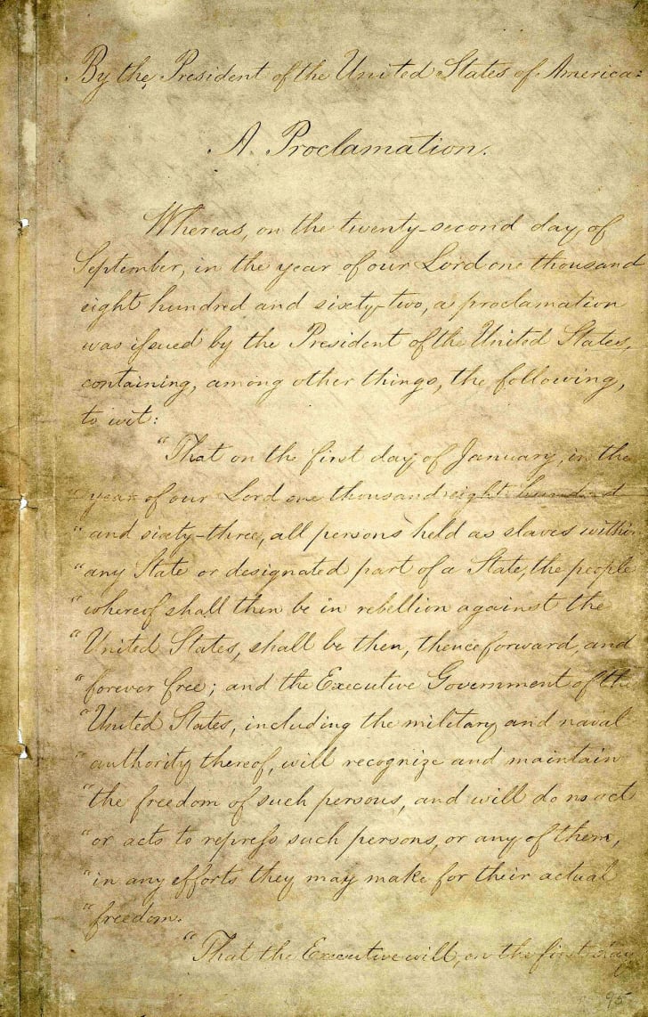 A page of the original Emancipation Proclamation on display from the National Archives.