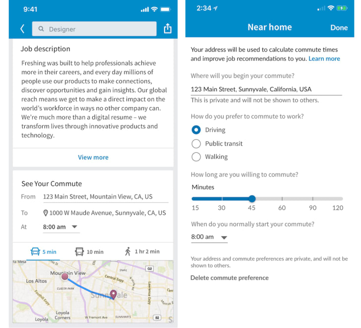 Screenshots of LinkedIn's mobile commute-search function