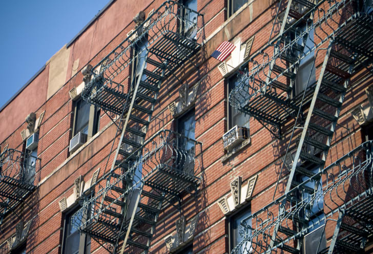 American flag on apartment building