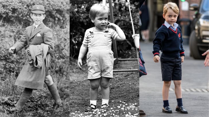 Prince Charles, Prince William, and Prince George all wearing proper shorts as children.
