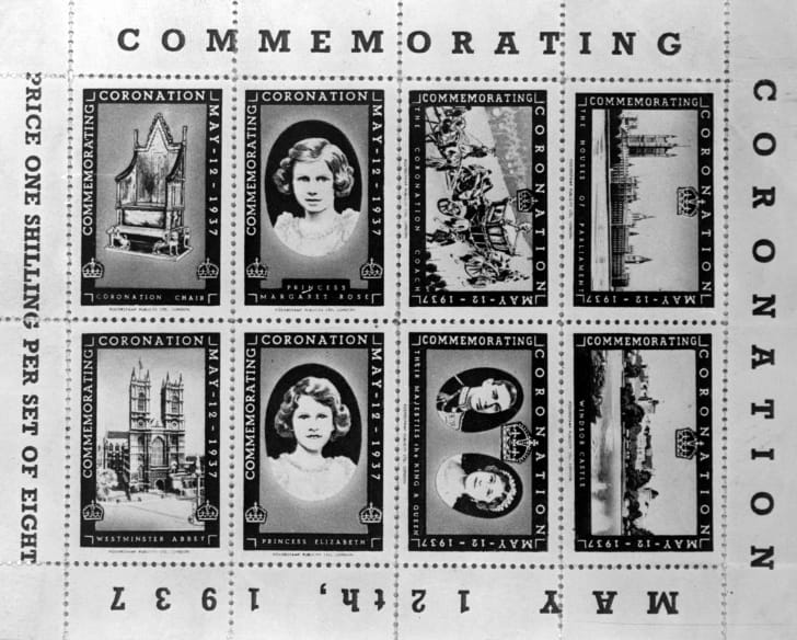 Selos de 1937 com as princesas Elizabeth e Margaret Rose, a cadeira da coroação, a Abadia de Westminster, o treinador da coroação, as casas do parlamento, o castelo de Windsor, o rei George VI e a rainha Elizabeth para comemorar a coroação do rei.