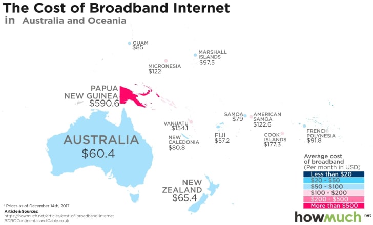 Map of Internet costs in each country created by information site HowMuch.net.