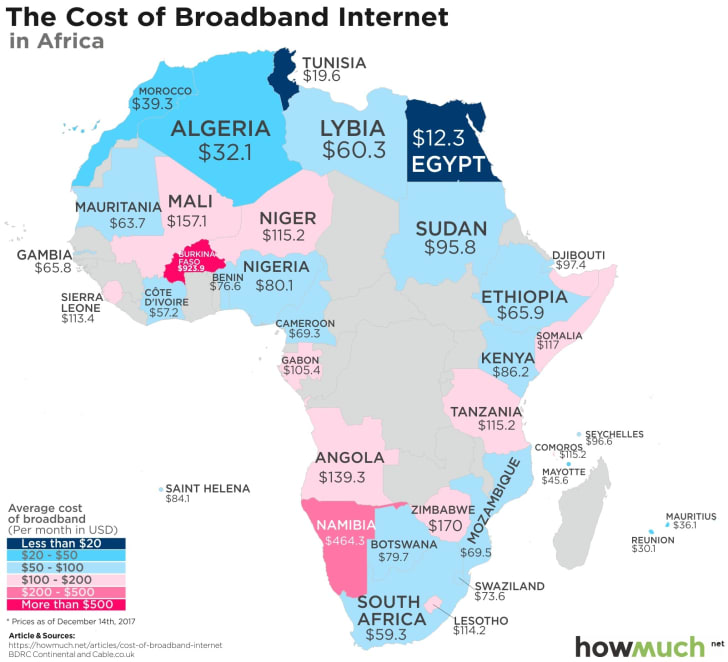Map of Internet costs in each country created by information site HowMuch.net.