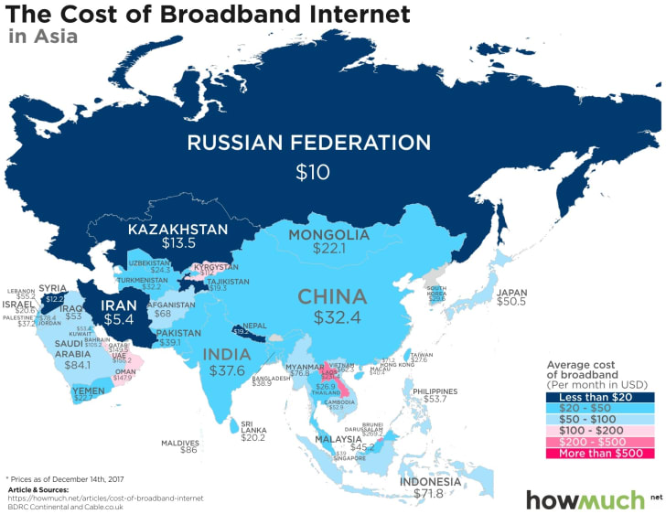 Map of Internet costs in each country created by information site HowMuch.net.