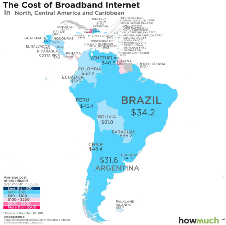 Map of Internet costs in each country created by information site HowMuch.net.