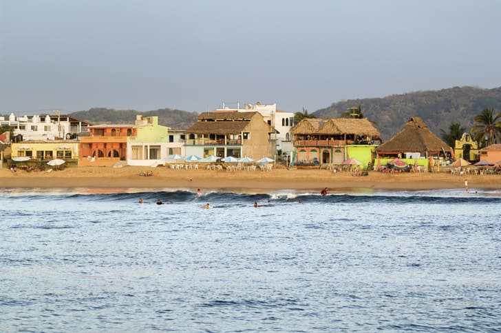 A view from offshore of a beach in Barra de Navidad, Mexico.