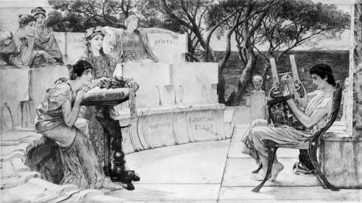 Circa 597 BC, An engraving of the Greek poetess Sappho (650 - c.590 BC) by Charles Oliver Murray.
