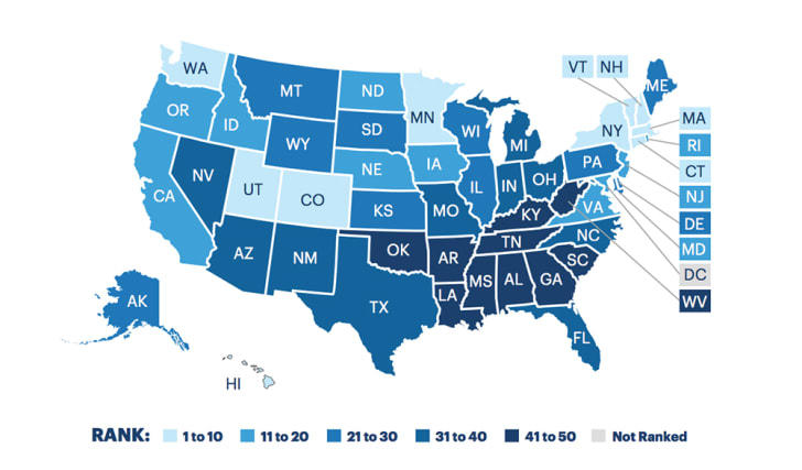 A map is color-coded in blues to show where states fall on healthcare rankings.