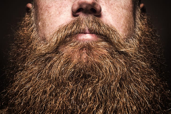 A close-up of the lower half of a strawberry blond, bearded, freckled man's face