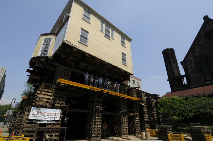 The Hamilton house is raised 32 feet above grade