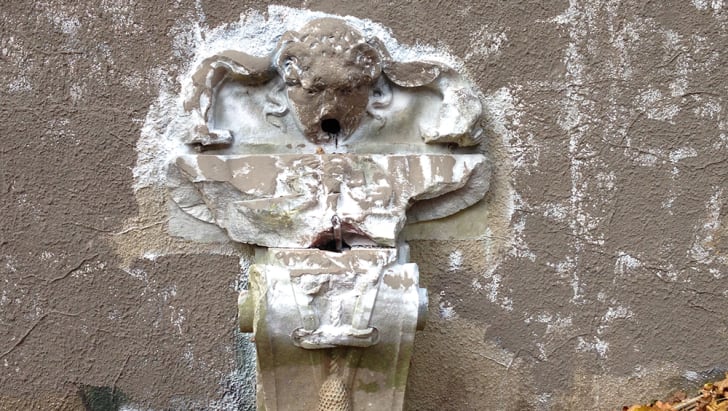 A photograph of a fountain in the ruined former estate of King Zog I of Albania