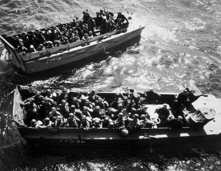 U.S. troops in landing craft, during the D-Day landings.