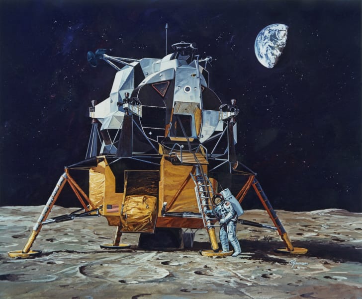The United States flag is planted on the surface of the Moon by the astronauts of NASA's Apollo 11 lunar landing mission, as seen from inside the Lunar Module the 'Eagle', 20th July 1969