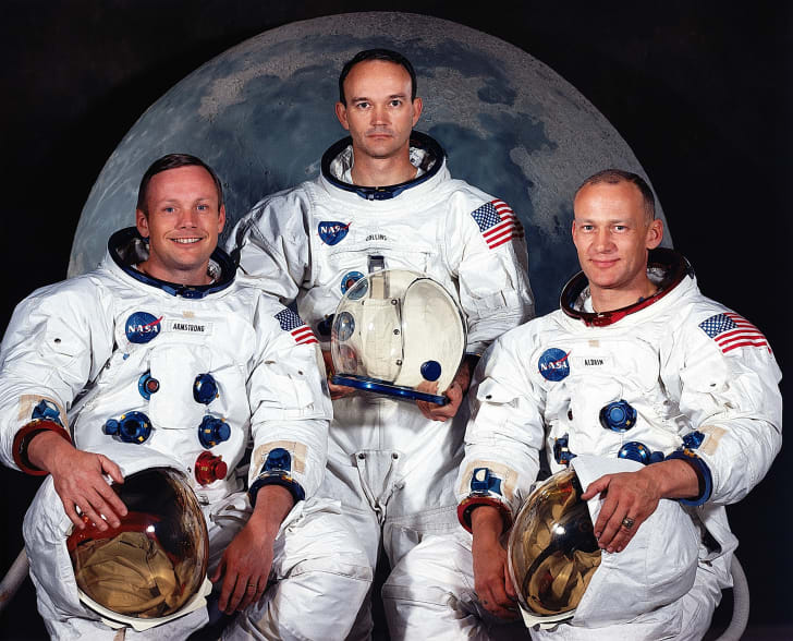 L to R: Neil A. Armstrong, Apollo 11 commander; Michael Collins, command module pilot; and Edwin E. Aldrin Jr., lunar module pilot