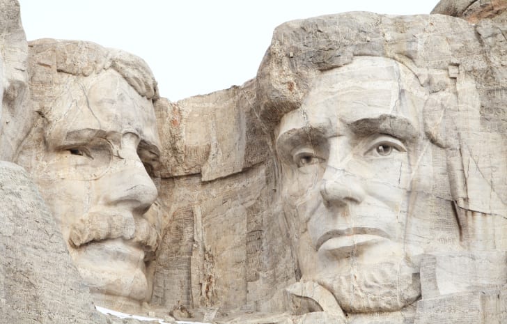 Close view of Theodore Roosevelt and Abraham Lincoln on Mt. Rushmore