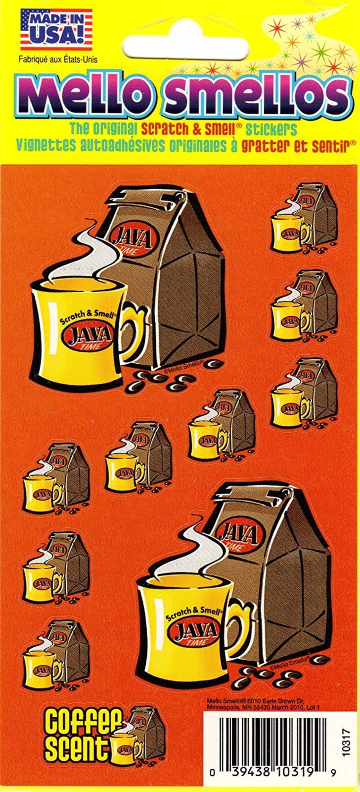Stickers of coffee cups and bags of coffee beans that say "java."