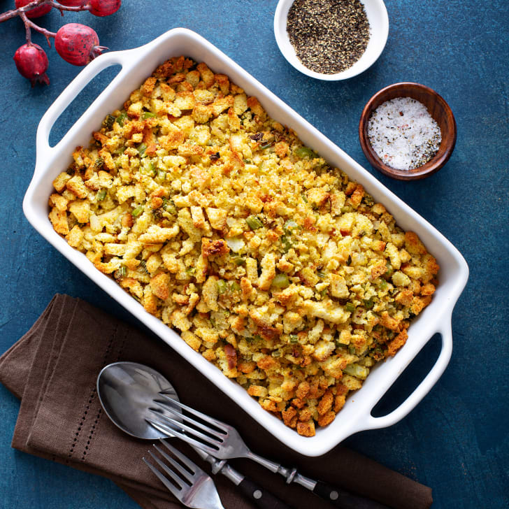 A traditional stuffing side dish for Thanksgiving in a baking pan