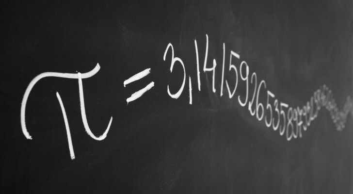 The numbers of Pi written on a blackboard in chalk.
