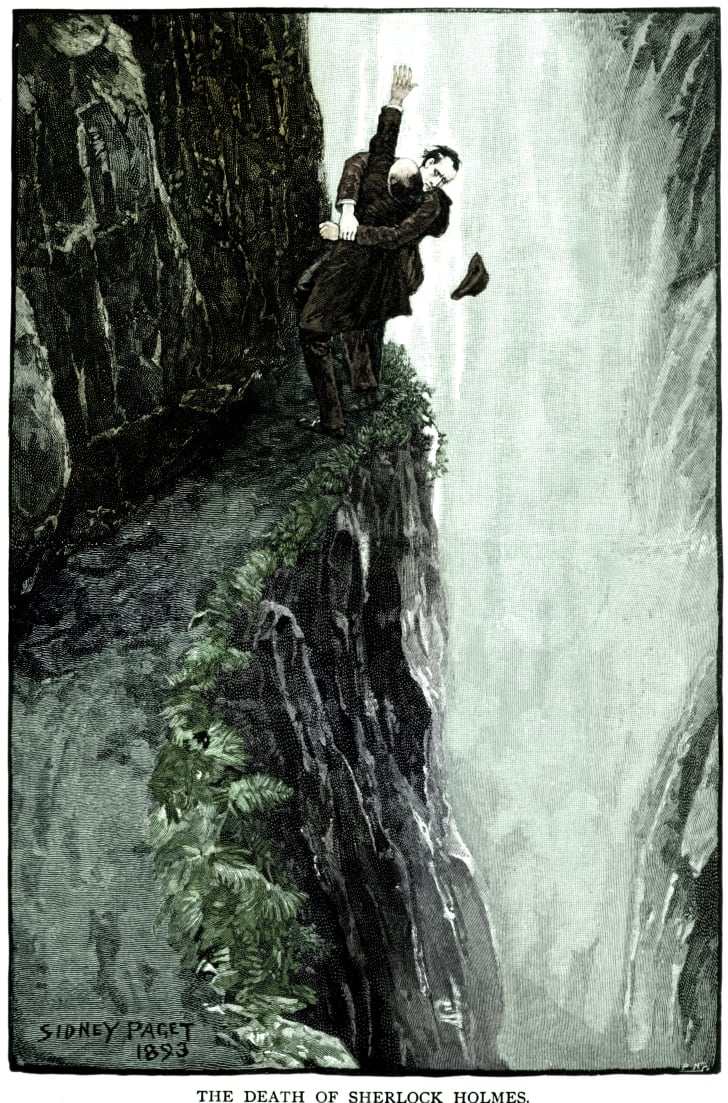 The death of Sherlock Holmes, 1893. Scene from The Adventure of the Final Problem, illustrated by Sidney E Paget, the first artist to draw Sherlock Holmes