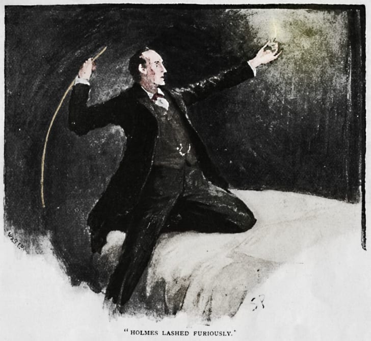 Holmes Lashed Furiously', 1892. Illustration from 'The Adventure of the Speckled Band' by Arthur Conan Doyle. From The Strand Magazine: An Illustrated Monthly - Vol. III. January to June, edited by George Newnes