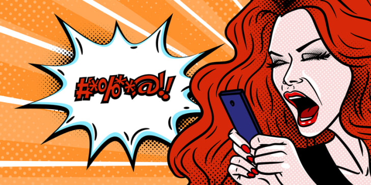 Comic style girl angry at her phone message and swearing