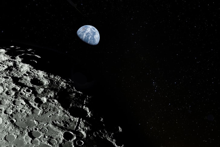 moon surface and earth in distance